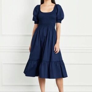 New! HILL HOUSE HOME Louisa Nap Dress Navy Smocked Puff Sleeve Midi Dress Size M